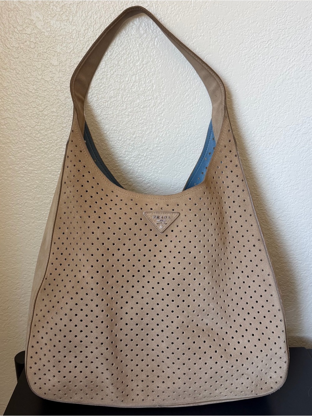 Authentic Prada Taupe Perforated Suede Shoulder Bag